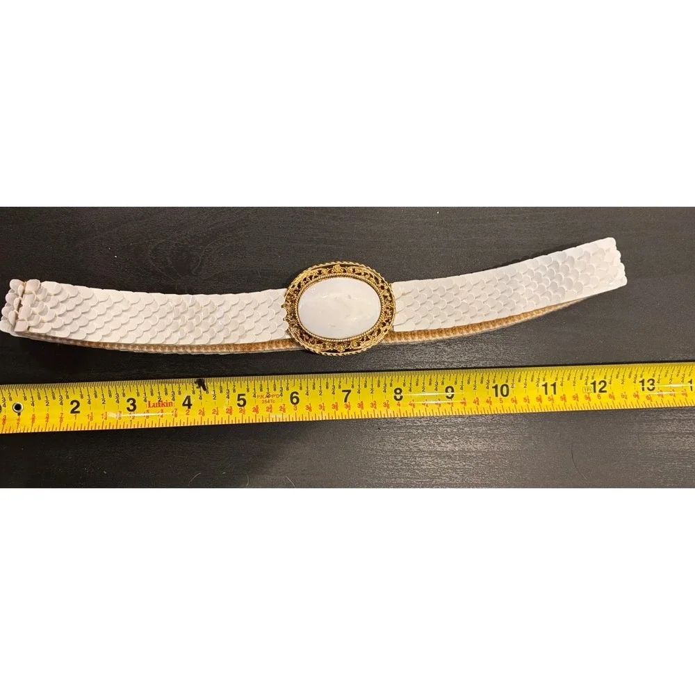 Vintage White Sequin Elastic Stretch Belt Gold Ornate Oval Buckle Faux Stone